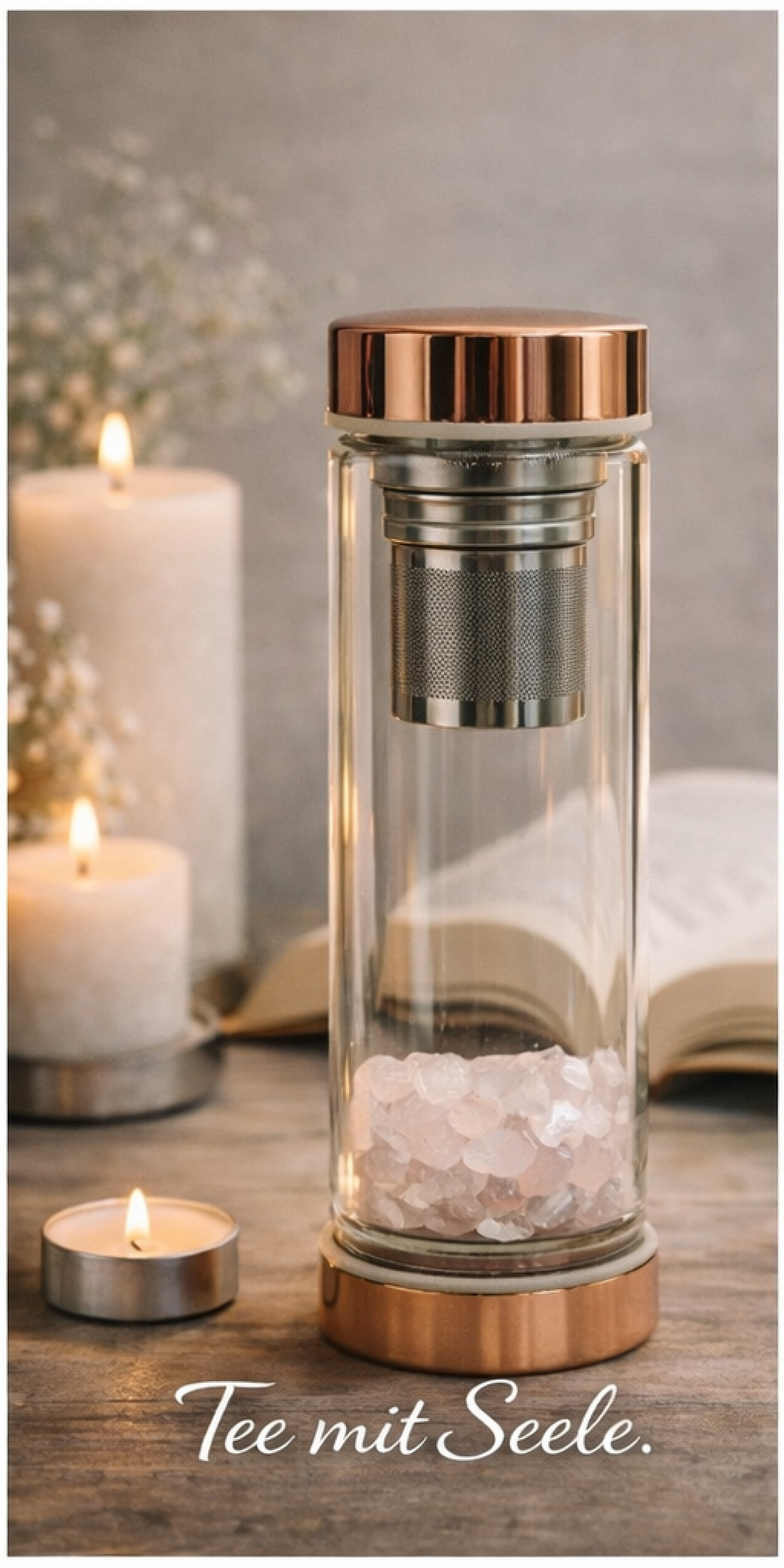 Kristallglas Teeflasche - Roségold - Felsquarz